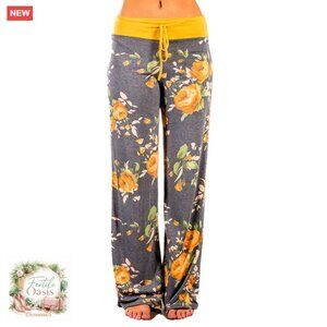 Floral Print Palazzo Lounge Pants Stretch Cotton Polyester Drawstring Wide Leg